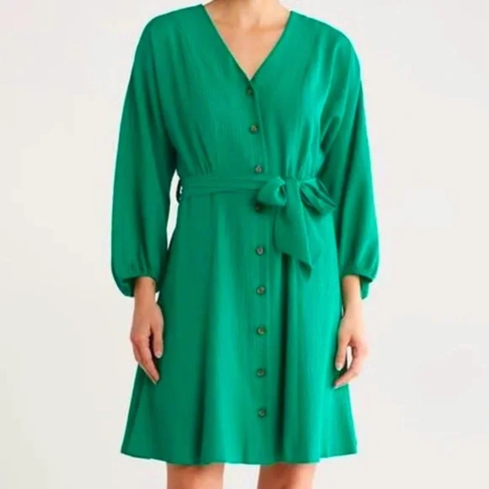 Calvin Klein NWT Green Long Sleeve Belted Gauze Mini Dress